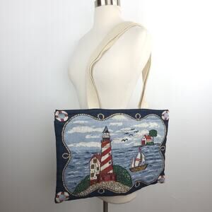 Woven Tapestry Lighthouse Shoulder Bag Lake Water Boat Nautical Purse